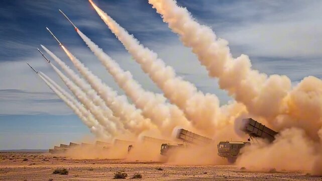Multiple missile launch from military vehicles in a desert landscape