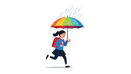 Young schoolgirl running through the rain while holding a colorful rainbow umbrella and wearing a blue uniform with a backpack.
