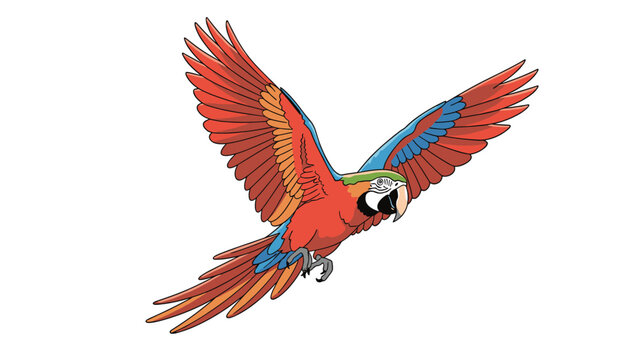 Colorful scarlet macaw parrot flying with spread wings, vibrant tropical bird illustration isolated on a plain white background.