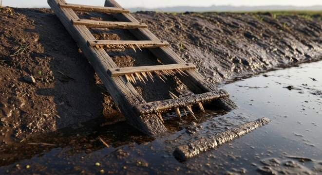 Ancient Wooden Siege Ladder Partially Submerged in Mud