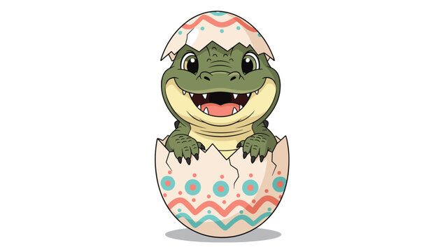 Cute baby crocodile hatching from a decorated egg, adorable reptile character illustration perfect for kids and nursery art.