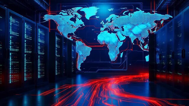 Server room with digital world map