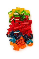 Assorted colorful gummy candies isolated on a white background. Jelly  sweets.
