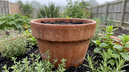 Spring Garden Morning Dew Sparkles on Fresh Herbs and Terra Cotta Pot