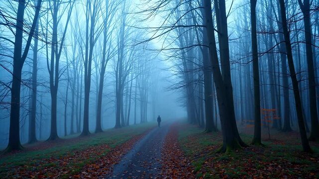 Person walking on path in foggy forest