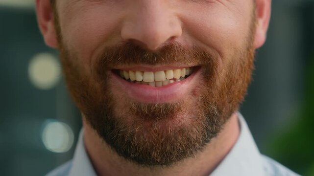 Close up smiling Caucasian business man male half face healthy dental toothy smile outside city happy bearded businessman guy laughing mouth lips white tooth oral medicine successful manager outdoors