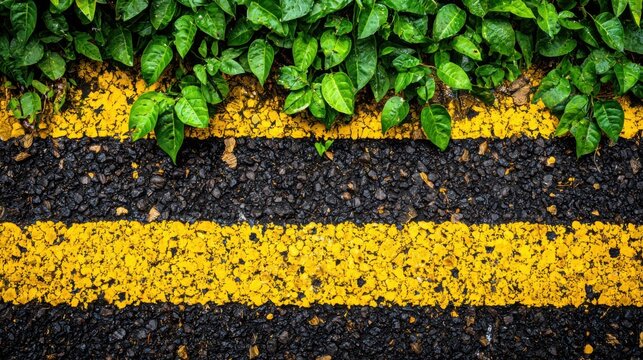 Vibrant yellow street markings bordered by lush green foliage, showcasing the blend of urban infrastructure and natural elements.