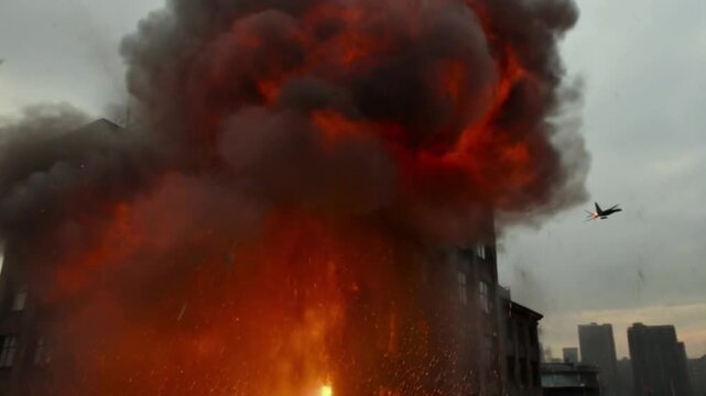 An air attack on city with explosions fireballs smoke and collapsing buildings in chaotic night scene. AI