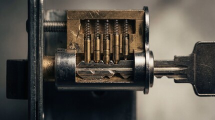 Close up of a key inserted into a cutaway door lock cylinder showing internal pins and springs, demonstrating mechanical security and locksmithing principles for home safety