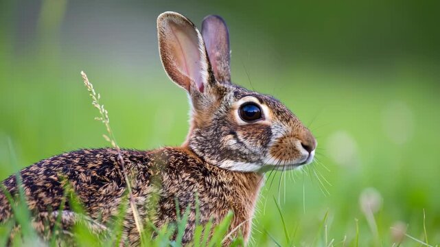 Wild brown eastern cottontail rabbit alert in a lush green meadow during summer