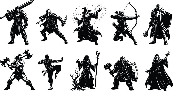 Fantasy RPG Character Class Linocut Illustration Set