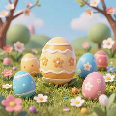 Fototapeta premium sci-fi, 3d easter egg hunt clip art with flowers decoration for holiday seasonal greeting card background illustration