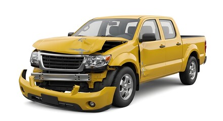 Damaged yellow pickup truck with dented front end isolated on white background