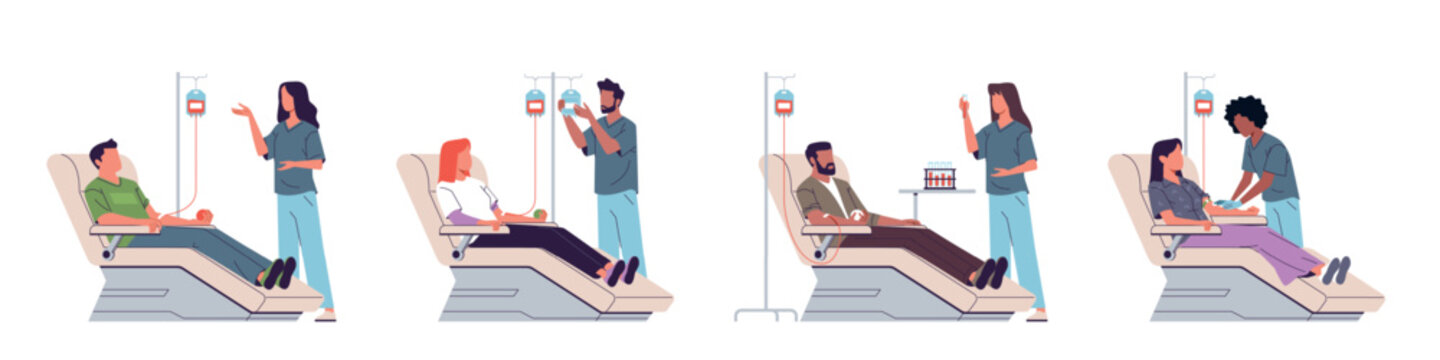 Volunteers donating blood. People helping victims, donors with medical staff, nurses monitoring, transfusion station, blood bank resources, healthcare nowaday vector cartoon flat set