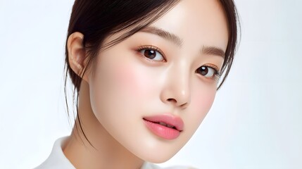 Obraz premium Bust shot portrait of a beautiful Korean woman with smooth porcelain skin delicate blush glassy pink lips and neat hair on a white background