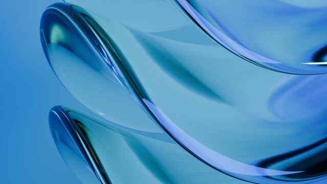 Abstract wavy curved 3d render. Blue soft glass curved circles and lines. Modern wallpaper, texture pattern.