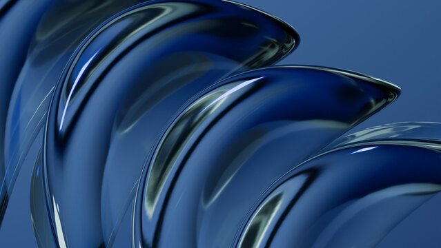 Abstract wavy curved 3d render. Blue soft glass curved circles and lines. Modern wallpaper, texture pattern.