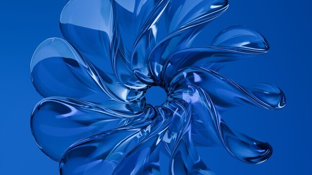 Abstract wavy curved 3d render. Blue soft glass curved circles and lines. Modern wallpaper, texture pattern.