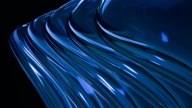 Abstract wavy curved 3d render. Blue soft glass curved circles and lines. Modern wallpaper, texture pattern.