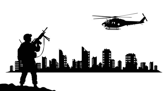 Silhouette Soldier with Rifle Overlooking Ruined Cityscape with Helicopter Flying Above