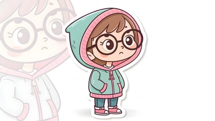 Cute chibi girl wearing a teal winter hoodie and round glasses standing shyly with a soft pastel cartoon style illustration