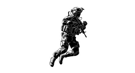 Special Forces Soldier Jumping with Rifle, Tactical Gear, Action Pose, Black and White