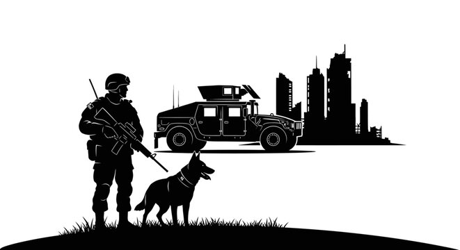 Soldier with military dog and humvee against city skyline silhouette