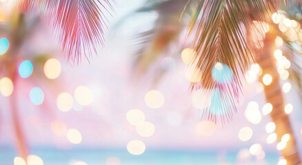 Fototapeta premium Palm tree leaves with bokeh lights, perfect for tropical holiday background