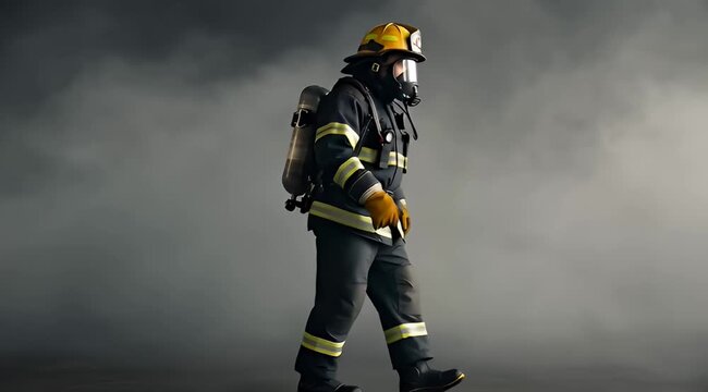 Firefighter in smoke, emergency responder in uniform and gear
