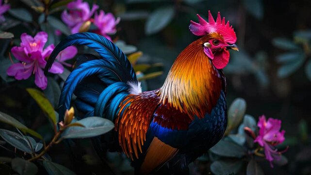 Vibrant colorful rooster with blue tail feathers and red comb standing among blooming pink garden flowers