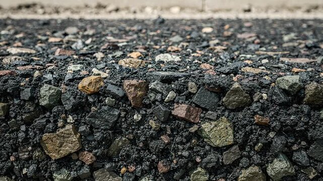 Closeup of binder course preparation with recycled asphalt and aggregate blend emphasizing uniform texture and ecoconscious materials in pavement layers.