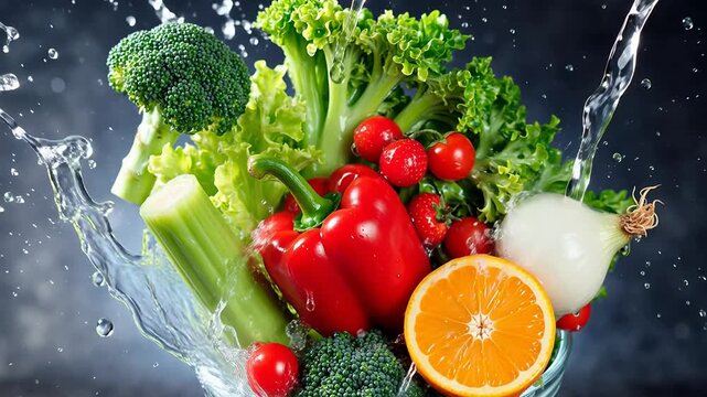 Fresh vegetables and fruits with water splash