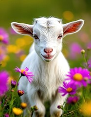 Fototapeta premium a cute little goat among flowers.