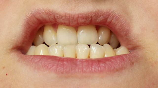 Woman with dislocated jaw and malocclusion, temporomandibular joint dysfunction opening and closing mouth