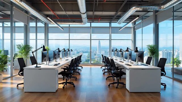 Modern office workspace with city view