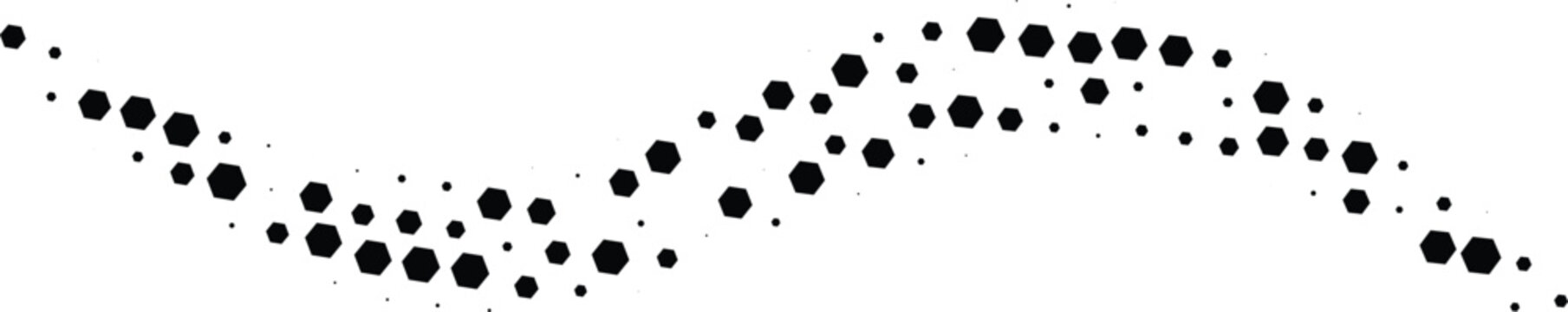 Geometric wavy halftone design concept with black dots texture using hexagonal shapes for a unique modern technical liquid flow effect.