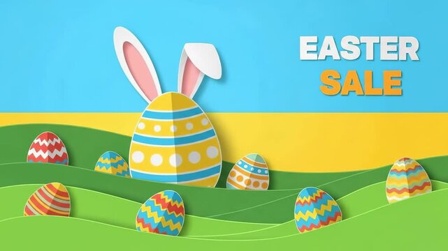 Handcrafted Paper Cut Style Easter Sale Banner with Colorful Decorated Eggs and Bunny Ears in Green Grass Field