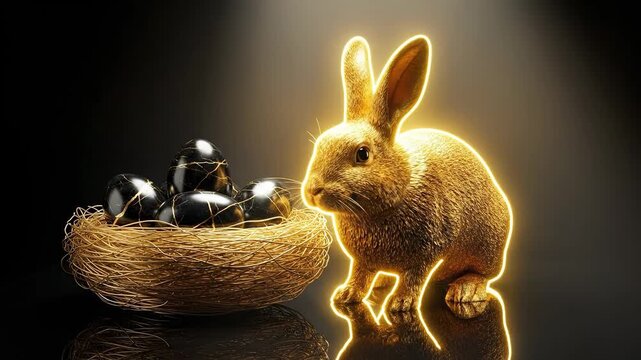 Golden Easter Bunny with Kintsugi Style Black Marble Eggs in Nest