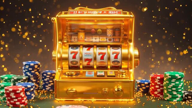 Golden slot machine with stacks of poker chips