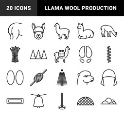 Fototapeta premium Alpaca and llama livestock farming elements in technical monoline style. Minimalist linear symbols for wool production, Andean agriculture, and South American camelids.