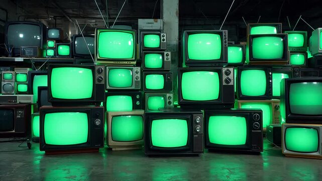 Stacks of old TVs with green screens