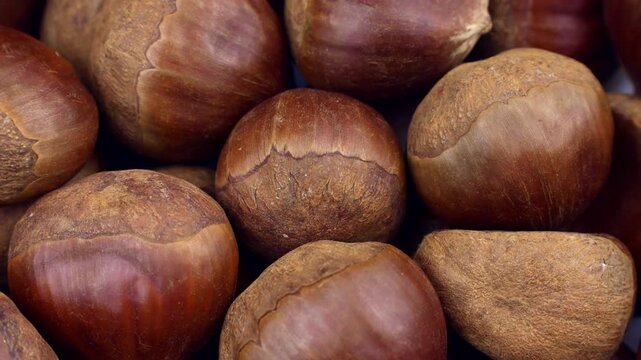 Brown sweet edible chestnuts circle rotation close up