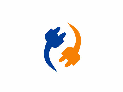 Abstract Two Electric Plugs Icon in Blue and Orange Colors Circular Design Concept for Power Connection and Energy Services