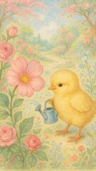 Chick watering flowers mobile wallpaper