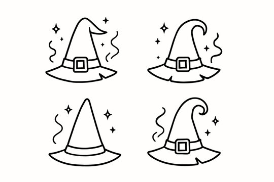 Four black line witch hats in different styles with sparkles for halloween sticker and icon set flat vector icon