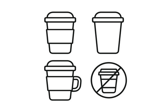 Coffee cup and reusable mug icons with no single-use cup sign for eco-friendly packaging and sustainability flat vector icon