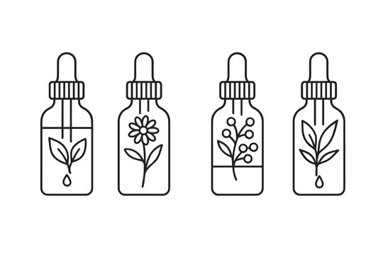 Four small dropper bottles with herbal plant designs in clean line art for skincare or essential oil labels flat vector icon