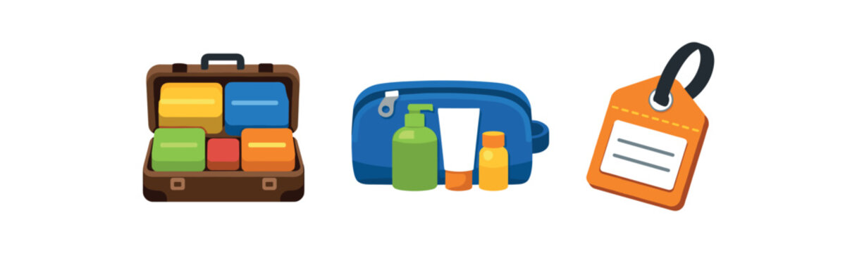 A colorful set of travel items: an open suitcase with packed toiletry boxes, a zippered toiletry bag with bottles, and an orange luggage tag, 
