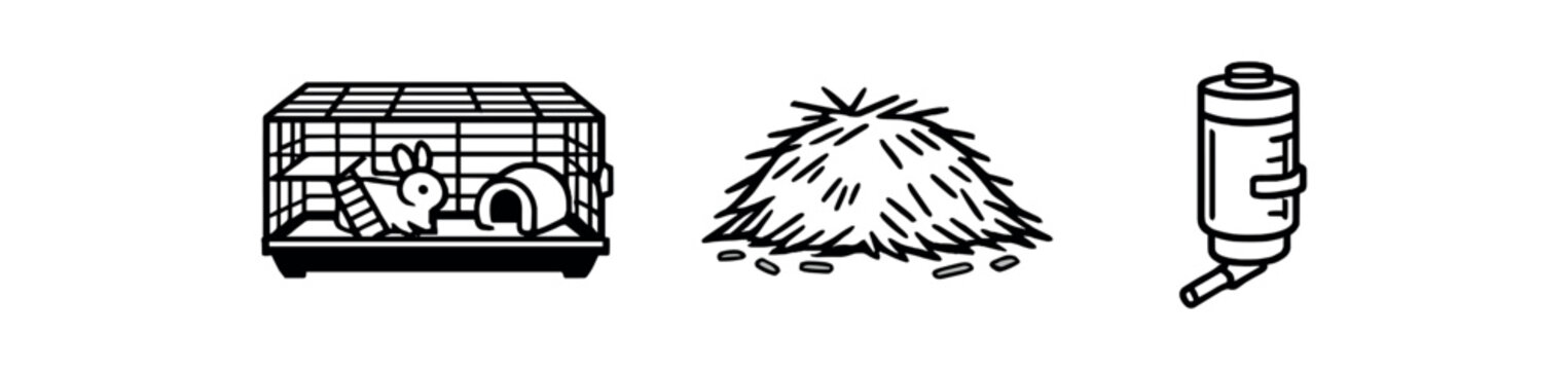 Three black outline icons showing a small pet cage with bedding and food, a pile of hay, and a hanging water bottle, designed as simple flat vector icons for pet care guides and product labeling.