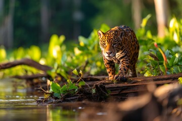 Obraz premium Jaguar Walking Gracefully Along Riverbank in the Warm Bright Light of Late Afternoon